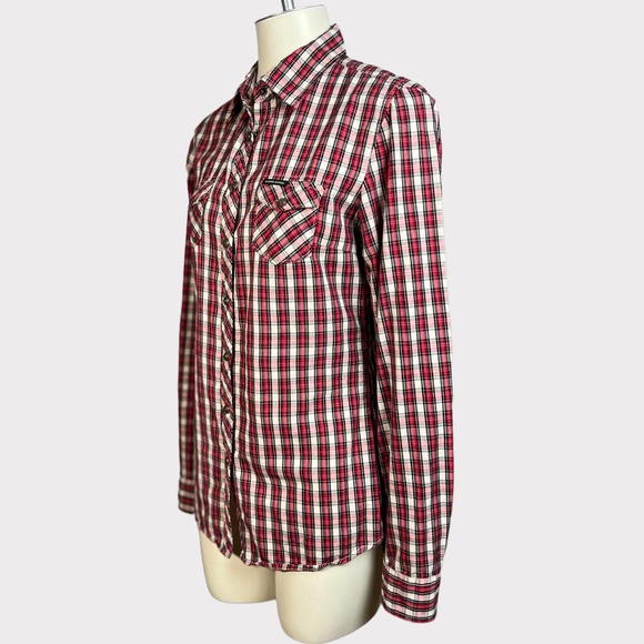 Maison Scotch (Sz 2) Plaid Snap Button Leather Elbow Patch Shirt - Picture 9 of 13